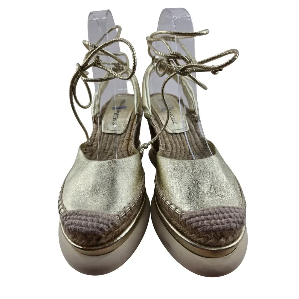 Paloma Barcelo Gold Leather Lace Up Platform Wedge Espadrilles EU 38 US 7.5